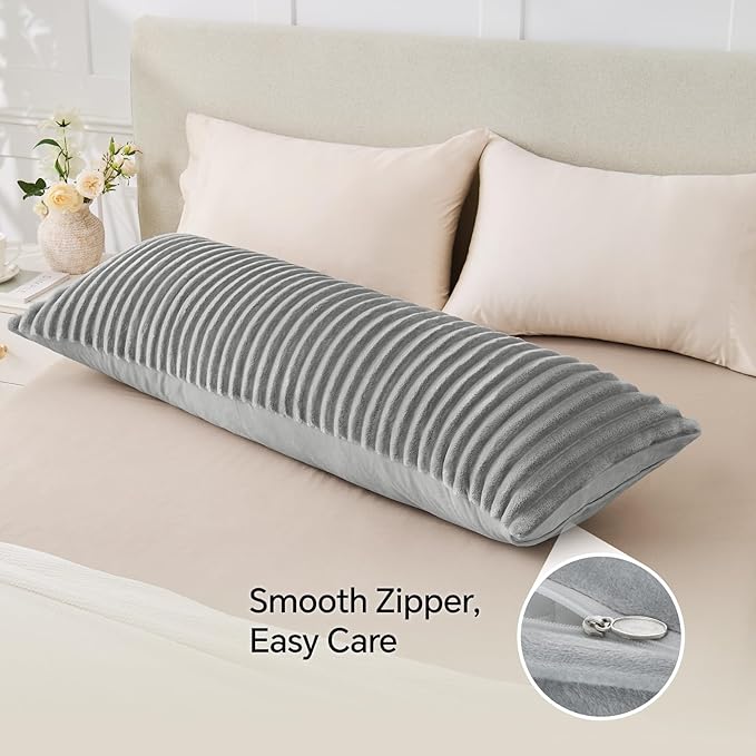 BEDELITE Fluffy Faux Fur Body Pillow Cover with Zipper, Luxury Plush 3D Striped Pillow Cover 20x54 Inches, Super Soft and Cozy Long Body Pillow Pillowcase for Bed Sofa Couch Room Decor(Light Grey)
