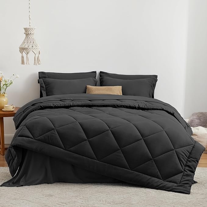 Love's cabin Twin Comforter Set Black, 5 Pieces Twin Bed in a Bag, All Season Bedding Sets with 1 Comforter, 1 Flat Sheet, 1 Fitted Sheet, 1 Pillowcase and 1 Pillow Sham | Soft, Breathable, Lightweight, Comfortable