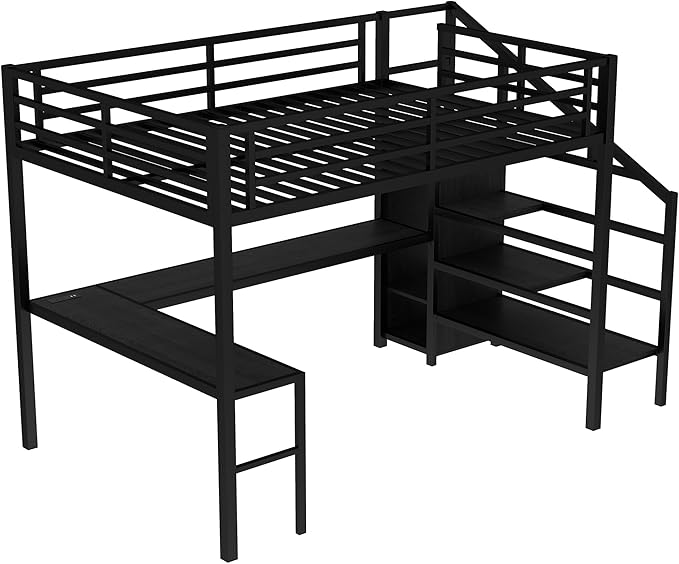 Queen Size Loft Bed with Desk and Wardrobe, Metal Heavy Duty Loft Bed with Storage Stairs, LED Lights, USB Port, LoftBed Frames for Kids, Junior, Space Saving, Noise Free (Black, Queen)