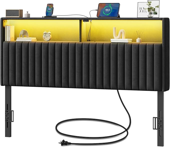 Rolanstar Headboard for Full Size Bed with Storage, Head Board with USB & Type C Port, 60,000 DIY Color of LED Light, Velvet Upholstered, Height Adjustable, Sturdy, Easy Assembly, Black