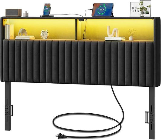 Rolanstar Headboard for Full Size Bed with Storage, Head Board with USB & Type C Port, 60,000 DIY Color of LED Light, Velvet Upholstered, Height Adjustable, Sturdy, Easy Assembly, Black