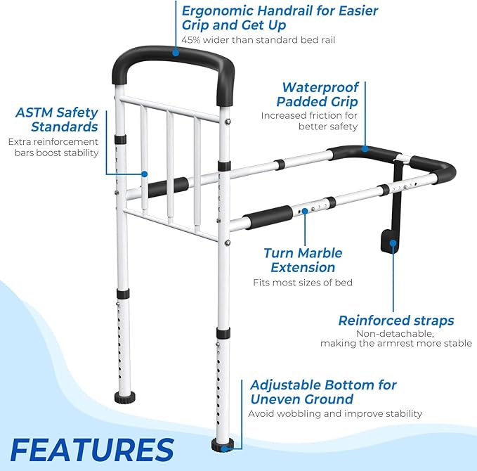 Bed Rails for Elderly Adults Safety - ASTM Approved Adjustable Bed Cane with Non-Slip Ergonomic Handle & Storage Pocket, 400 LBS Stable Bed Assist Rails for Seniors, Tool-Free, Model