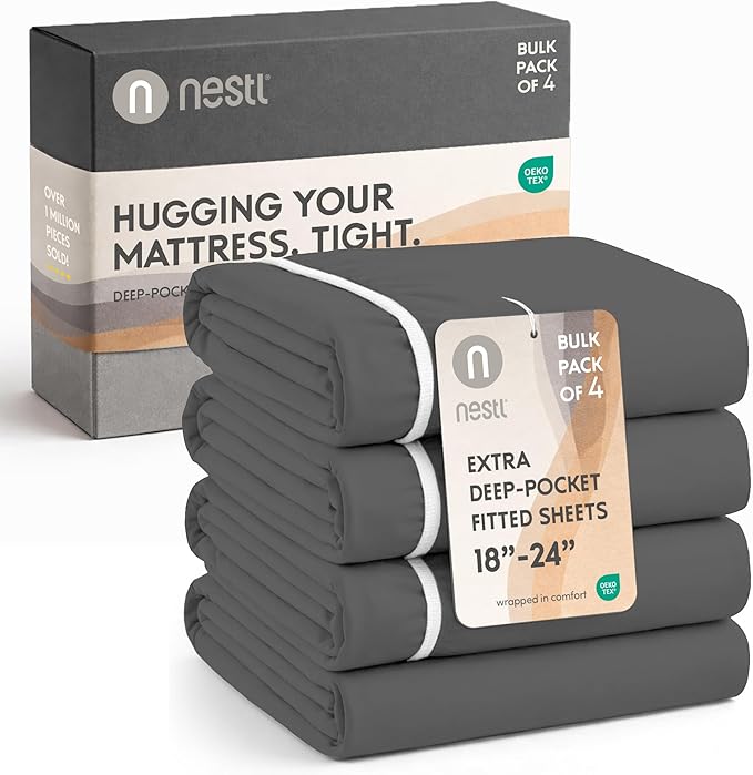 Nestl 4 Pack Dark Grey Fitted Sheet Extra Deep Pocket, Hotel Luxury FullFitted Sheet Only Easily Fits 18 to 24 Inch Mattress, Super Soft, Wrinkle-Free and Breathable with Corner Straps
