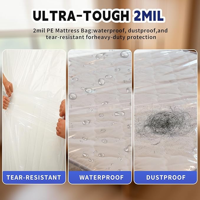TopSoon 2PK Clear Plastic Mattress Bag - Moving & Storage Cover for Mattress or Box Spring - Heavy-Duty Disposal Supplies (2mil, Twin)