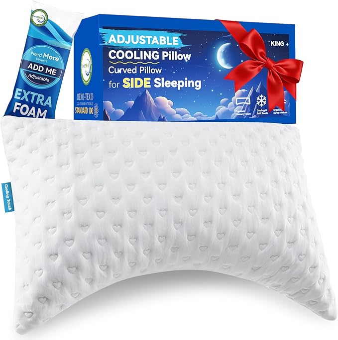 Side Sleeper Pillows for Neck & Shoulder Comfort - Ergonomic Curved Crescent Design, Adjustable Shredded Memory Foam, Cooling & Soft Cover, Extra Fill Included, King Size