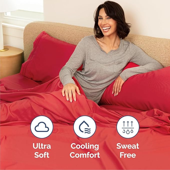 Cal King Size 4 Piece Sheet Set - Comfy Breathable & Cooling Sheets - Hotel Luxury Bed Sheets for Women & Men - Deep Pockets, Easy-Fit, Extra Soft & Wrinkle Free Sheets - Red Oeko-Tex Bed Sheet Set