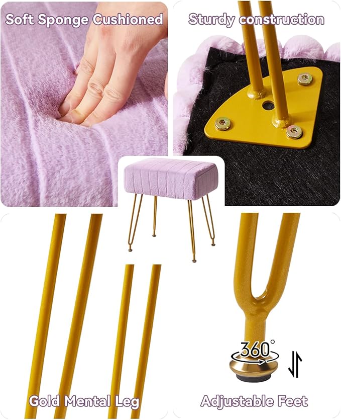 IBUYKE Velvet Rectangular Footrest Stool Ottoman, Makeup Vanity Stool Side Table, Velvet Dressing Table Seat, Pouf Couch Stool, Golden Steel Legs, Purple LG-51V