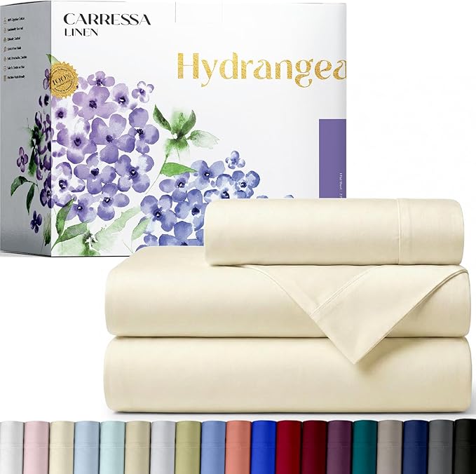 Carressa Linen 100% Egyptian Cotton Twin XL Sheets Set - 600 Series Hydrangeas Collection Luxury Egyptian Cotton Sheets Twin XL Size (3 PC, Ivory), 16" Deep Pocket, Sateen Weave Bedding