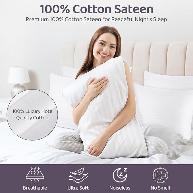 100% Cotton Pillow Case Protector with Zipper, Standard Size (20x26), 4 Pack, Long-Staple Sateen Soft Comfortable, Hotel Grade Bed Pillow Covers White, Oeko-TEX Certified