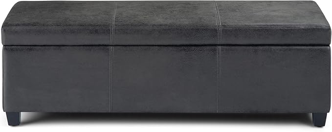 SIMPLIHOME Avalon Storage Ottoman Bench - 48" Wide x 16" High Upholstered Vegan Leather Rectangular Lift-Top Ottoman in Distressed Black, Contemporary Bench for Living Room with High-Density Foam