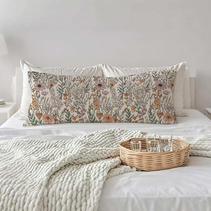 Vintage Boho Floral 20x54 Body Pillow Cover, Cottagecore Room Decor, Retro Rustic Cottagecore Flowers Aesthetic Decorative Long Body Pillow Cases for Bed Couch