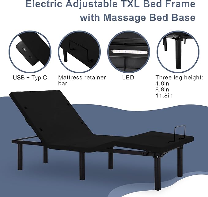 Fromann Adjustable Electric Twin XL Bed Base Frame with Massage, USB Type-C Ports, Zero Gravity, Under Bed Led Lighting and Three Leg Height (Black)