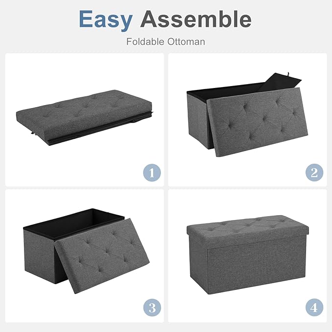 DUMOS 30 Inch Folding Storage Ottoman Bench, Large Hidden Storage Chest withThicker Foam Padded Seat, End of Bed Foot Rest Stool for Bedroom Living Room Entryway, Load 660 lbs, Grey