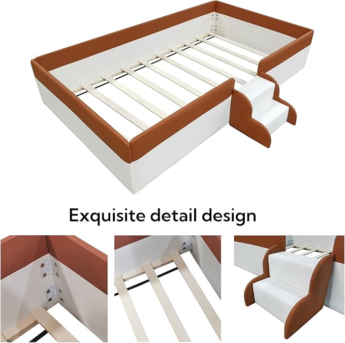 Merax Twin Size Kids Floor Bed, Upholstered Kids Daybed Frame with Fence and Stairs, Wood Bed for Living Room, White+Brown