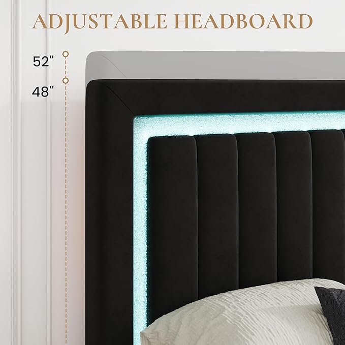 SHA CERLIN Queen Size Velvet Bed Frame with LED Light, Adjustable Vertical Channel Tufted Headboard, Strong Wooden Slats Support, Noise-Free, No Box Spring Needed, Black