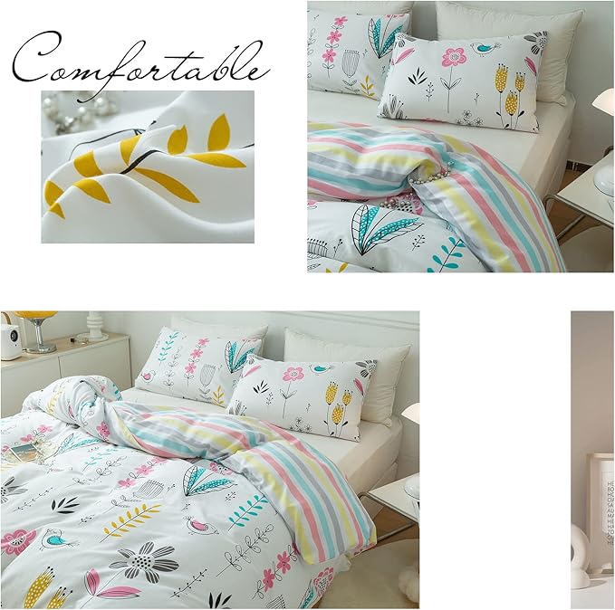 mixinni Flowers Duvet Cover for Teenage Girls Queen Size Floral Leaf Printed Soft Cotton Full Bedding Set Reversible Colorful Striped Pattern Girls Zipper Closure 4 Corner Ties for Women-Queen Size