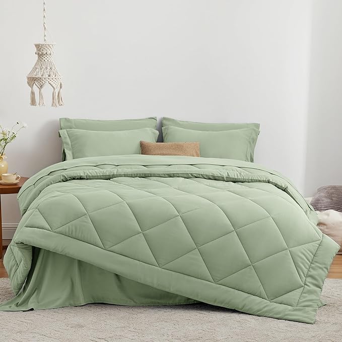 Love's cabin Queen Comforter Set Sage, 7 Pieces Queen Bed in a Bag, All Season Bedding Sets with 1 Comforter, 1 Flat Sheet, 1 Fitted Sheet, 2 Pillowcase and 2 Pillow Sham | Soft, Breathable, Lightweight, Comfortable