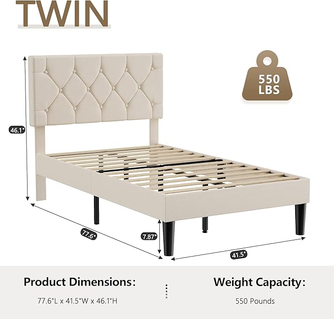 VECELO Twin Size Bed Frame with Button Tufted Headboard, Upholstered Platform Bedframe with Wood Slat Support, No Box Spring Needed, Dark Beige