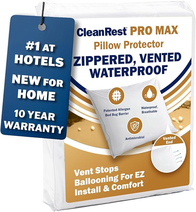 CleanRest PRO Max Waterproof Pillow Protector, King Size - Zippered (1-Pack), Dust Mite Allergen & Bed Bug Proof, Anti-Microbial Treated, Highly Breathable & Vented for Cool Soft Sleep