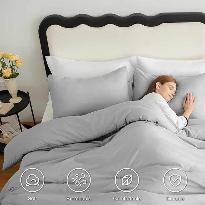 CozyLux Queen Comforter Set Light Grey, 3 Pieces Solid Comforters Queen Size Breathable Bedding Sets, Light Gray Luxury Soft Lightweight Bed Set with Down Alternative Comforter and 2 Pillowcases
