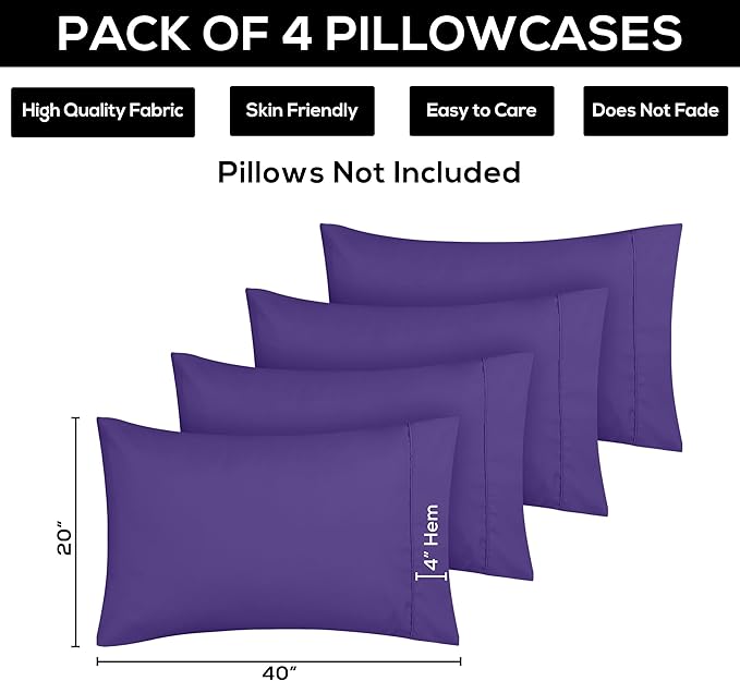 Utopia Bedding King Pillowcases - 4 Pack - Envelope Closure - Soft Brushed Microfiber Fabric - Shrinkage and Fade Resistant Pillow Covers King Size 20 X 40 Inches (King, Egg Plant)