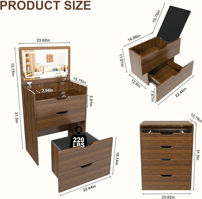 Casaphoria Vanity Desk with Mirror and Lights, 3-in-1 Flip Top Makeup Vanity Table with Stool and Storage, Compact Dressing Table for Small Space, Walnut Finish (23.62 Inch)