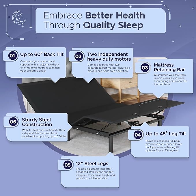 Celestial Aurora Adjustable Bed Base (Frame) + 8 inch Gel Memory Foam Mattress (Firm), Easy Assembly, Head and Foot Lift, Zero Gravity, Memory Positions, CertiPUR-US Bed - Full
