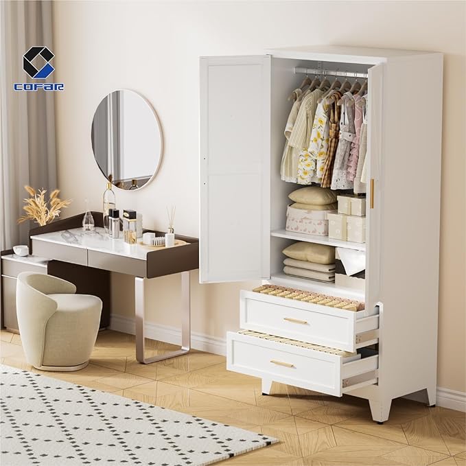 COFaR Armoire Wardrobe Closet with Drawers & Hanging Rod, 71'' Metal Wardrobe Closet with Doors & Adjustable Shelf, Farmhouse Wardrobe Cabinet for Bedroom Home Office, White
