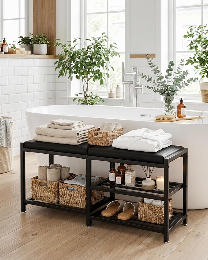 Bsketa Shoe Storage Bench with Seating,Ottoman with Storage Shoes Rack Benches for Entryway Iron Hallway Living Room Bathroom Space-Saving and Robust, Holds Up to 560 lb