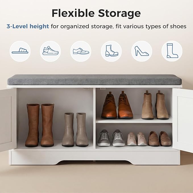 DUMOS Shoe Storage Bench, 39" Wide Shoe Organizer Cabinet with Padded Seat Cushion, 2 Doors, Adjustable Shelf for Entryway, Hallway, Bedroom, Living Room, White