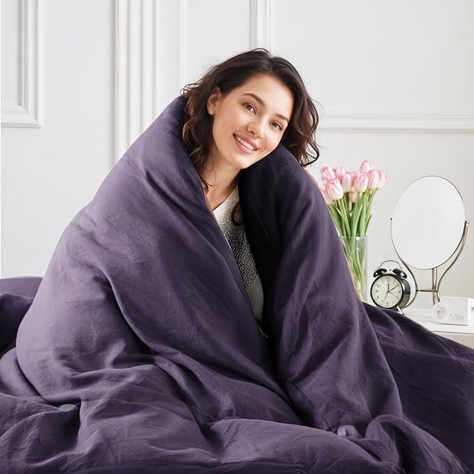 NEXHOME PRO 100% Washed Cotton Duvet Cover Queen Size, Ogranic Natural Linen Feel Breathable Bedding Set with Zipper Closure, 3 Pieces Duvet Cover Set Eggplant (No Comfortert) 9090