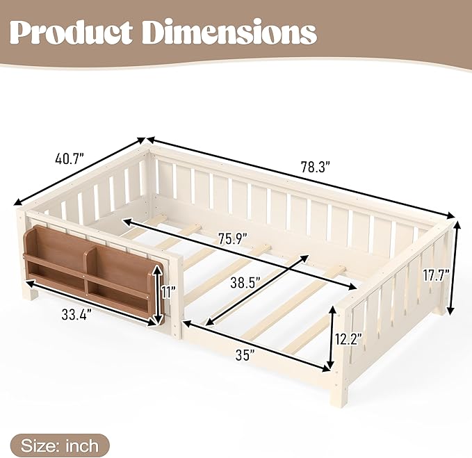 Bellemave Twin Floor Bed Frame with Fence & Bookshelf, Solid Pine Wood Twin Montessori Floor Bed with Slats Load 300LBS, Low Profile Floor Bed for Kids, Bedroom, Nursery, Easy Assembly, Beige