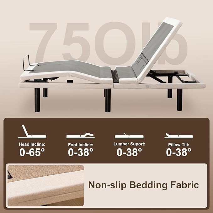 Froman Queen Adjustable Bed Frame, Adjustable Bed Base with Massage, Wireless Remote, Lumber Support, Zero Gravity, Head & Foot Incline, Head Top Pillow Tilt, USB Ports, Nightlight, Anti-Snore