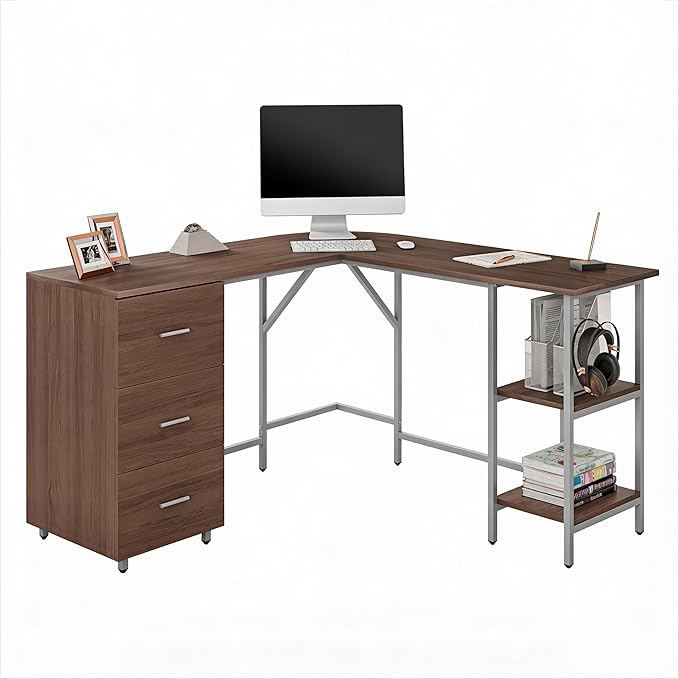 Techni Mobili L Shaped Desk - Two-Toned Computer Desk with Drawers & Storage Shelves - Simple Modern Furniture & Home Office Space Corner Table for Work & Writing
