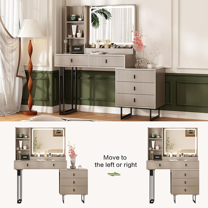 Ieejdn Large Vanity Desk with 3 Color Touch Screen Dimming Mirror, Vanity Desk with Charging Station, Modern Retractable Makeup Dressing Table, Makeup Table with Storage Shelves and 5 Sliding Drawers