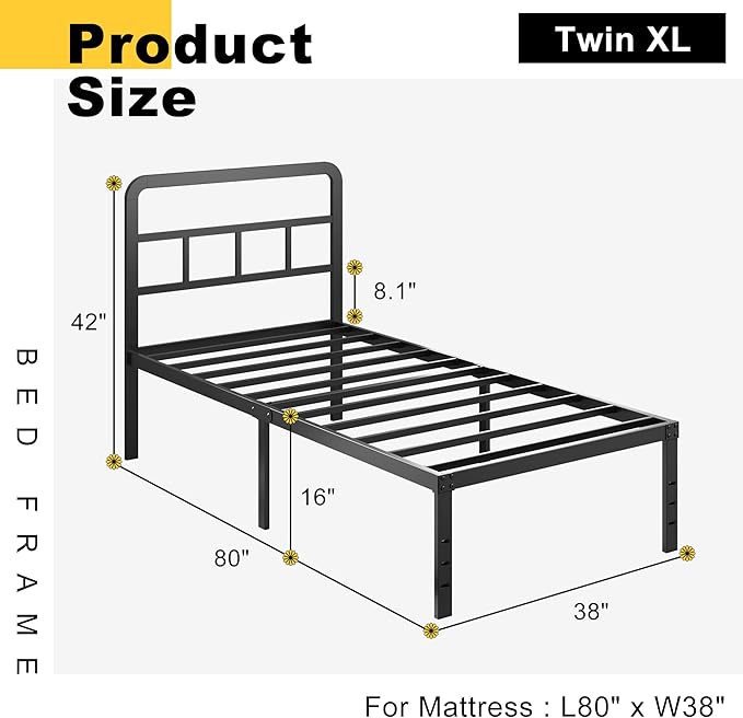 DiaOutro 16 Inch Twin XL Bed Frame with Headboard No Box Spring Needed Metal Platform Heavy Duty Steel Slat Mattress Foundation/Easy Assembly/No Noise/Black