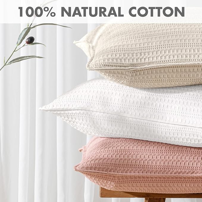 Set of 2 Decorative 100% Cotton Waffle Euro Sham Pillow Covers 26x26, Neutral Throw Pillows Weave European Cushion Cases for Couch Sofa Bed Modern Farmhouse Home Decor, White