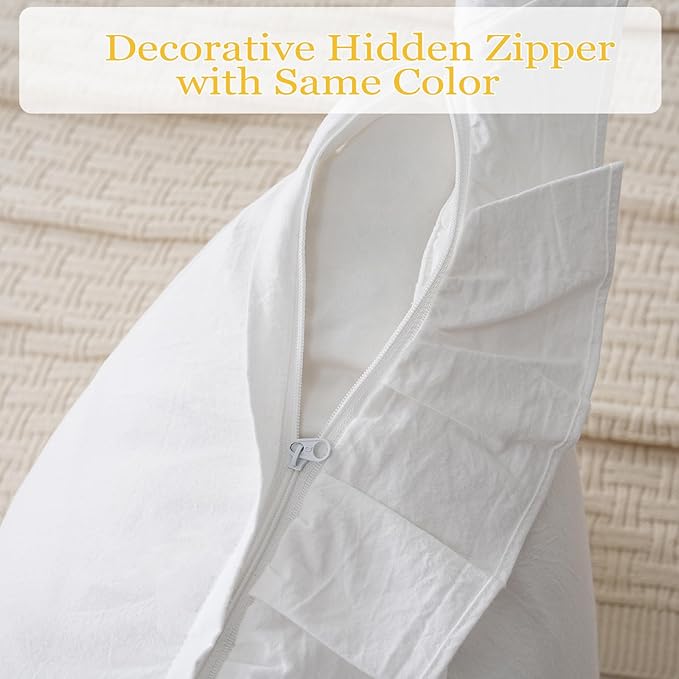 2 Pack Ruffle Throw Pillow Covers Farmhouse Off White Shabby Washed Cotton Decorative Pillow Shams for Bed, Sofa, Living Room-20"x20" White