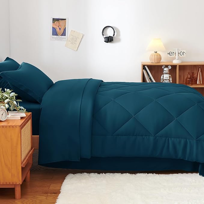 CozyLux Twin XL Comforter Set Lyons Blue - 5 Pieces Twin Extra Long Bed in a Bag for College Dorm, All Season Bedding Set for Girls and Boys, Soft Bed Set with Comforter, Sheets, Pillowcase & Sham