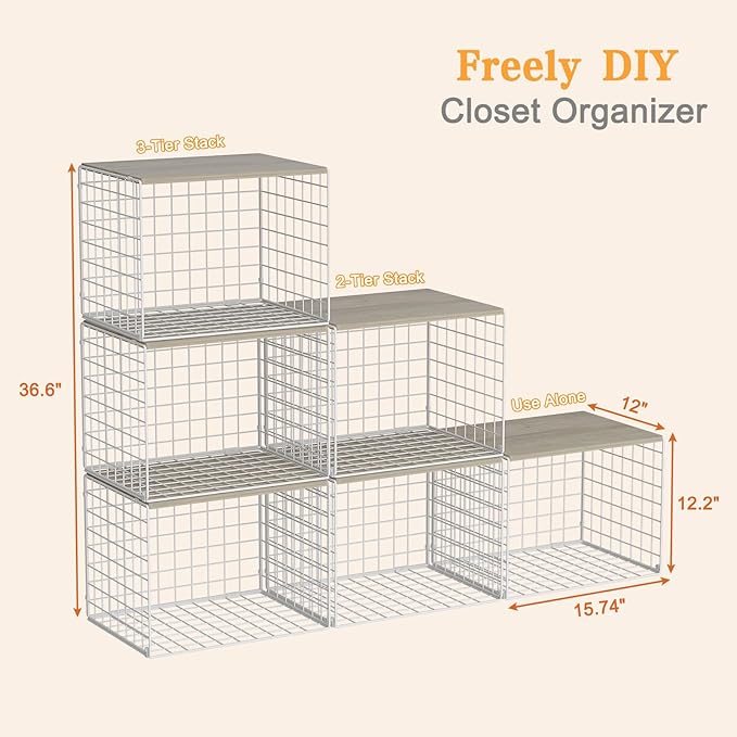 Extra-Long Closet Organizers and Storage with Top Board, 3 Pack Stackable Closet Shelf Organizer, Double Storage Design, Clothes Storage Cube/Bin/Basket for Wardrobe, Space-Saving, White,Sturdy,Metal