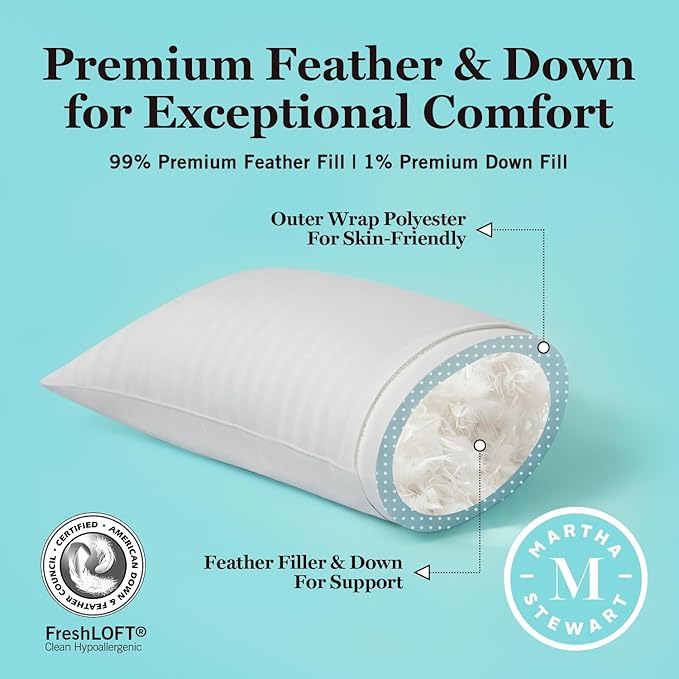 Martha Stewart Hotel Collection Pillow 500 Thread Count Damask Stripe Embroidered Feathers Soft Hypoallergenic 100% Cotton Queen Size Set of 2