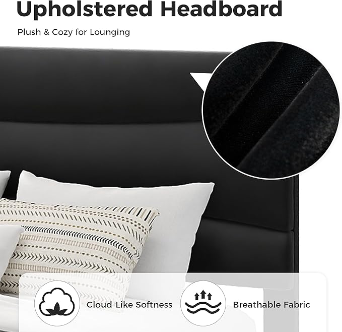 GarveeHome Queen Modern Upholstered Bed Frame with Soft Padded Headboard,Sturdy Metal Steel Slat Support, Noise-Free Quiet Design,Easy Assembly,Heavy Duty Stable Bed Frame(Black)