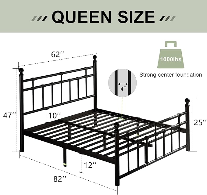 Feonase Queen Metal Platform Bed Frame with Victorian Classic Iron-Art Headboard & Footboard, Steel Slats Support, 12" Under Bed Storage, No Box Spring Needed, Noise-Free, Black