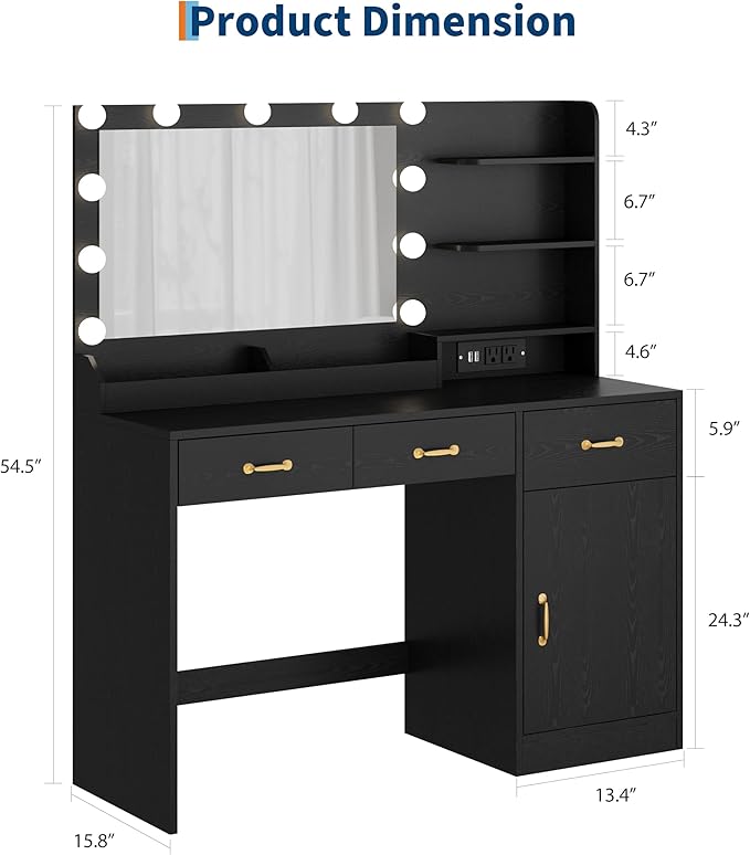 GarveeHome Vanity Desk with Mirror and Lights, Makeup Vanity with Power Outlet & 11 LED Bulbs, Pure Black Dressing Table with 3 Drawers and Storage Shelves, Modern Makeup Table for Bedroom, Standalone