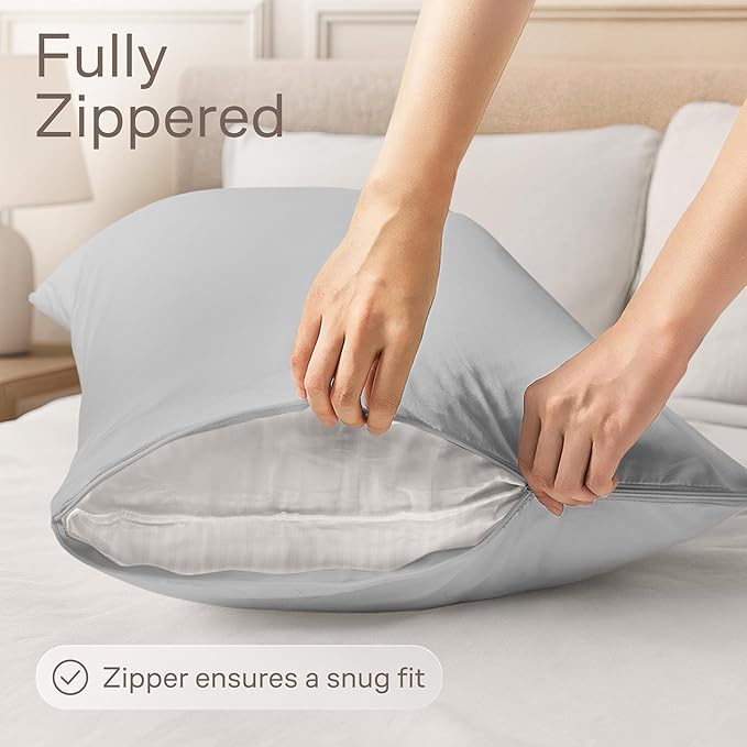 Ultra Soft Pillow Protectors with Zipper King Size - Set of 4 Breathable Pillow Covers - 100% Protection Against Stains, Dust & Dirt - Machine Washable (Light Gray)