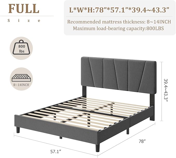 Full Size Upholstered Platform Bed Frame with Adjustable Headboard, Fits 8-14 Inch Mattress, Heavy Duty Bed Frame with Wooden Slats Support, Noise-Free, Non-slip, No Box Spring Needed, Easy Assembly