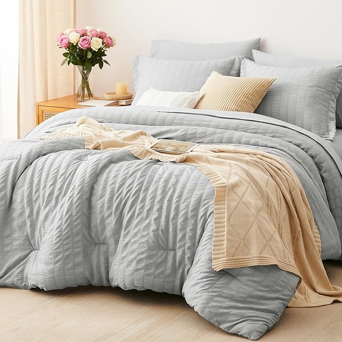 CozyLux Twin XL Comforter Set with Sheets Seersucker Light Grey 5 Pieces Bed in a Bag, Light Gray Twin Extra Long Bedding Sets College Dorm with Down Alternative Comforter, Sheets, Pillowcase & Sham