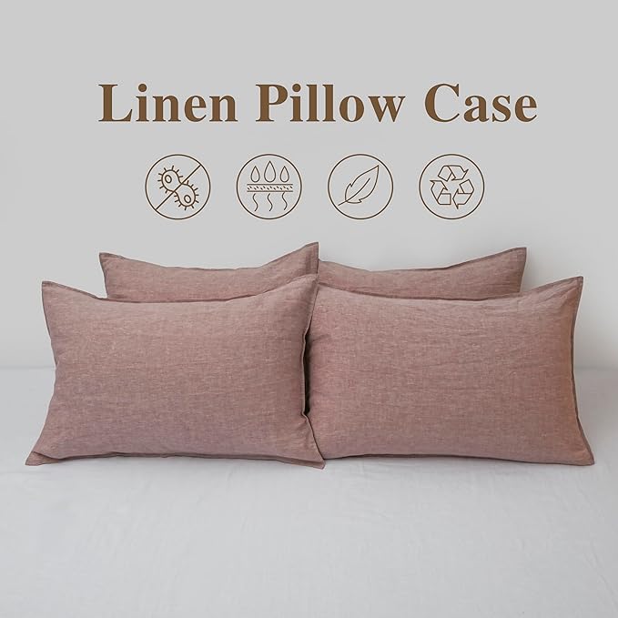 CHUFFED Linen Pillow Cases 2 Pack 100% Linen Standard Pillowcases, Breathable and Cooling Washed Pillow Shams with Zipper Closure, 20x26 Inches,Smokey Pink