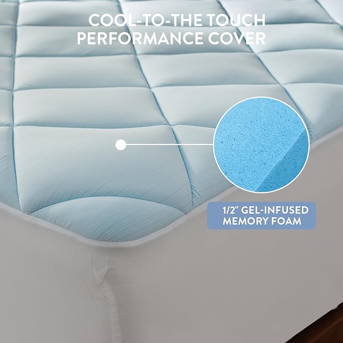 SureFit Queen Size Memory Foam Mattress Topper, Cooling Gel-Infused Mattress Pad, Breathable Ventilated Design, Fits Mattresses 8-20” Deep, Medium Plush Comfort,Cooling for Hot Sleepers