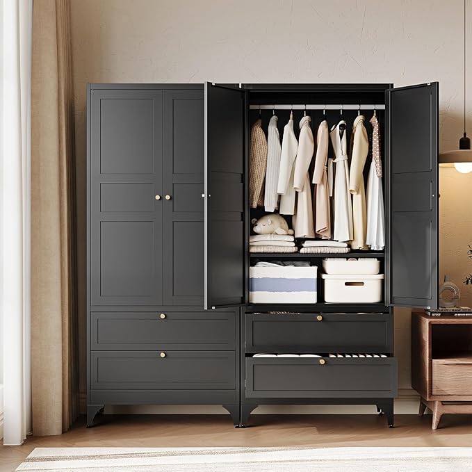 Letaya 71" Metal Wardrobe Cabinets with 2 Drawers,Steel Armoire Wardrobe Closet with Doors and Shelves,Clothing Storage Cabinets with Hanging Rod for Bedroom, Gym, Cloak Room,Black